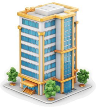 Modern office building with golden accents and multiple floors. png
