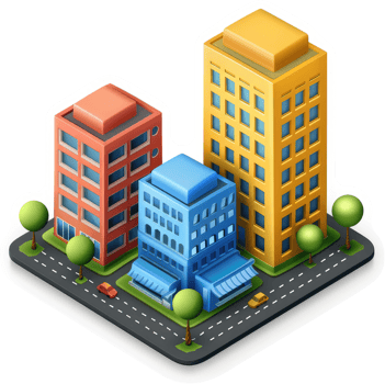 Colorful city buildings and streets in an isometric style. png