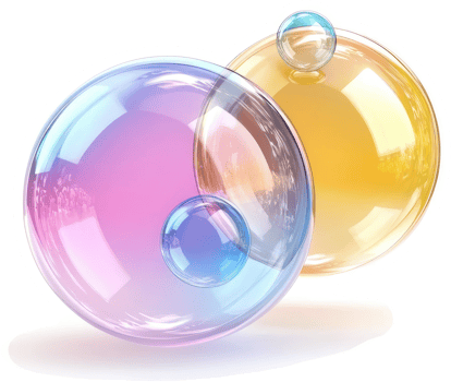 Two overlapping, colorful, transparent soap bubbles. png