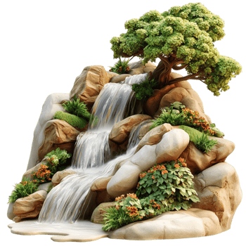 Bonsai Tree Waterfall Design Representing Minimalist Nature Beauty, Tranquility, Elegance, and Symbolic Charm in anistic Expression of Harmony, Patience, and Natural Balance in Decorative Form png