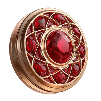 Red Ornamental Brooch Set in Geometric Golden Setting Surrounding a Central Gemstone, Symbolizing Power, Royalty, and Wealth, Often Worn on Formal Royal Garments to Complete a Regal and Elegant Look, png