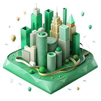 vibrant rustic Green City Skyline Isometric View Cutout detailed png