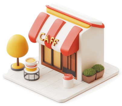 Colorful cafe storefront design with charming details. png