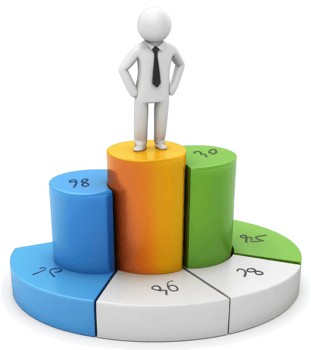 Successful individual standing atop a tiered, segmented pie chart. png