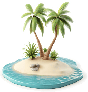 Tropical island paradise with two palm trees. png
