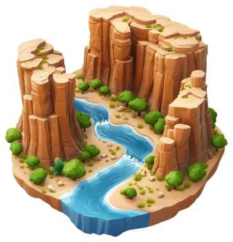 Elevated view of a canyon landscape with a flowing river. png