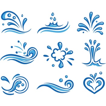 Collection of nine stylized blue water splash and wave icons. vector