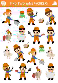 Find two same workers. Construction site matching activity for children. Building works educational quiz worksheet for kids for attention skills. Simple printable game with cute builders vector