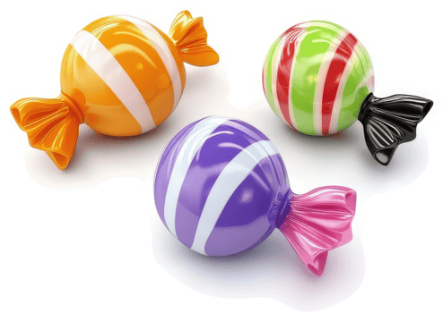Colorful wrapped hard candies arranged on a white background. png