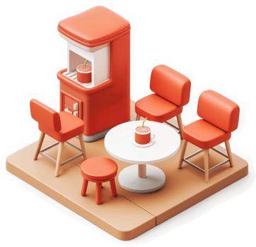 Cozy corner with a beverage dispenser and seating. png