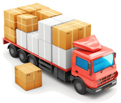 Red truck transports cargo boxes on a flatbed. png