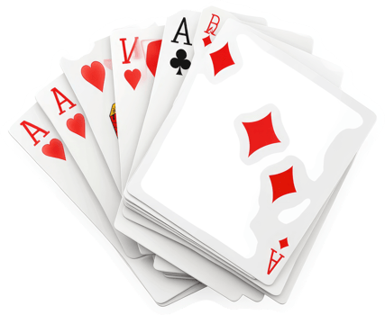 Stacked playing cards displaying various suits and ranks. png