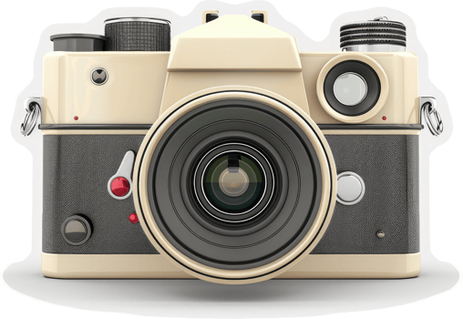 Vintage cream-colored camera with lens and controls. png