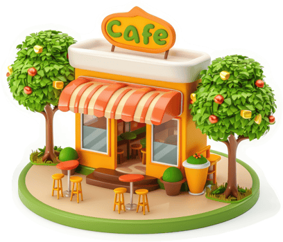 A charming, cartoonish cafe with outdoor seating. png
