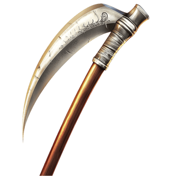 Silver Scythe Wooden Handle Sharp Blade Whimsical Design Mystical Charm Essential Piece png