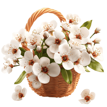 Wicker Basket Overflowing White Flowers and Vibrant Petals Embracing Rustic Design Luxurious Decor and Whimsical Charm Ideal for Cozy Interior Styling png