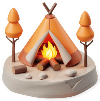 Cartoonish camping scene with a warm fire. png