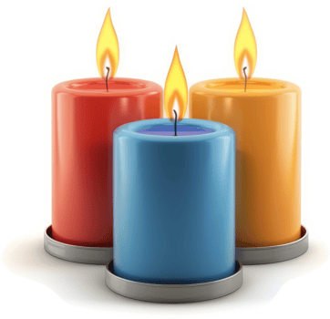Three colorful candles with burning flames. png