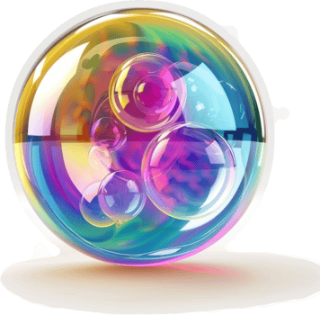 Multicolored soap bubbles within a larger iridescent sphere. png