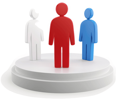Three stylized figures stand together on a tiered platform. png