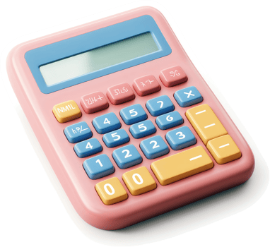Pastel pink calculator with light blue and yellow accents. png
