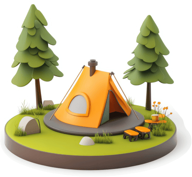 Cartoonish camping scene with orange tent and trees. png