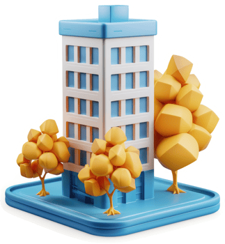 Urban building with stylized trees, a 3d model. png