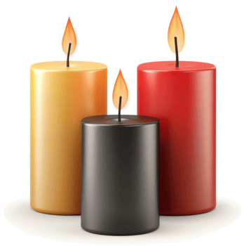 Three cylindrical candles in shades of yellow, black, and red. png