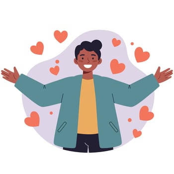 Happy person with open arms surrounded by red hearts love and positive emotions illustration vector