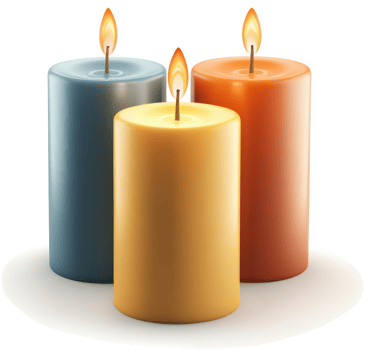 Three cylindrical candles, various colors, produce light. png