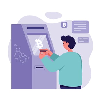 Person Using Bitcoin ATM Machine for Cryptocurrency Transactions in Modern Digital Finance Environment vector