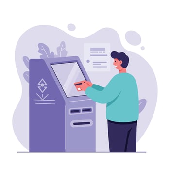 Man using purple ATM machine with credit card for banking transaction illustration vector