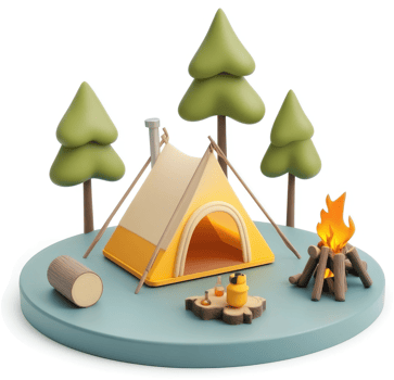 Charming campsite scene with a vibrant yellow tent. png