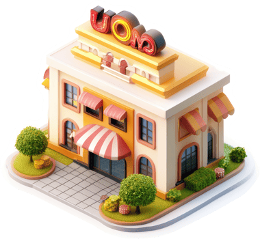 Colorful isometric representation of a whimsical food establishment. png