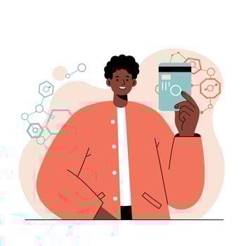 Young man holding digital card with scientific icons in modern illustration style vector