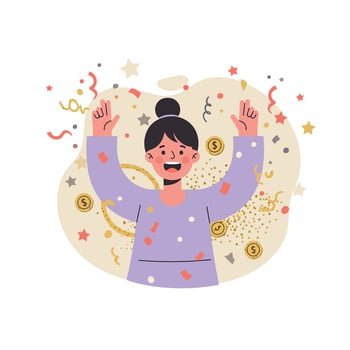 Happy woman celebrating success with raised hands and confetti illustration in purple outfit and gold coins background vector