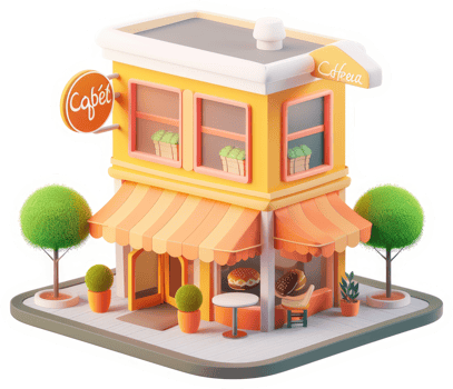 Charming yellow cafe building with a welcoming outdoor seating area. png