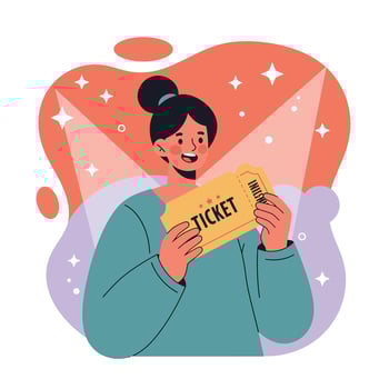 Woman holding ticket with happy expression illustration for entertainment and event participation vector