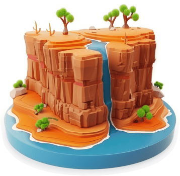 Cartoonish depiction of a desert canyon with a waterfall. png
