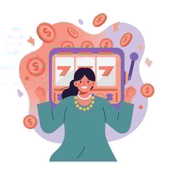 Woman celebrating winning jackpot on slot machine with sevens and falling coins illustration vector