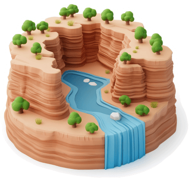 A stylized, 3d canyon landscape with a waterfall. png