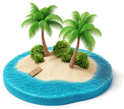 Tropical island paradise depicted in a stylized 3D graphic. png