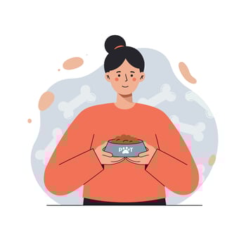Woman holding bowl of dog food with bone pattern background in casual style illustration vector