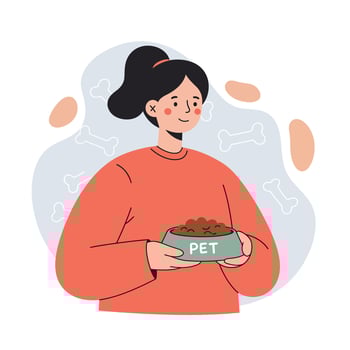 Woman holding pet food bowl with dog food illustration in casual style and warm colors vector