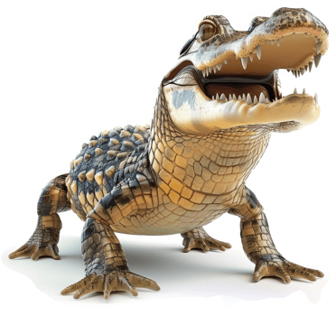 A comical, cartoonish illustration of a young alligator. png