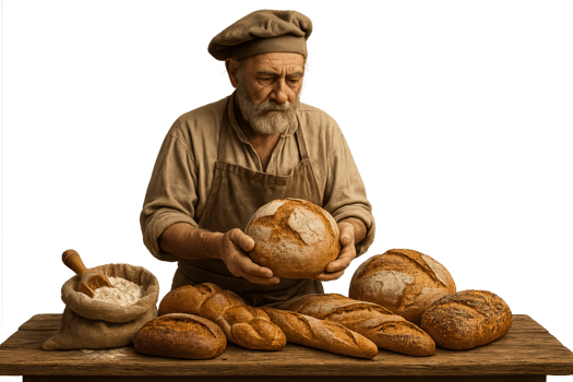 Artisanal Baker with Freshly Made Breads on Rustic Wooden Table png