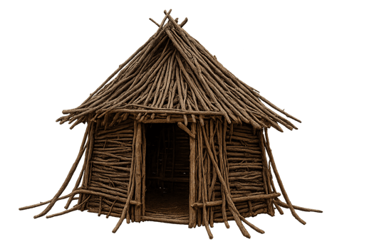 Handmade Rustic Hut Constructed from Natural Branches and Twigs png