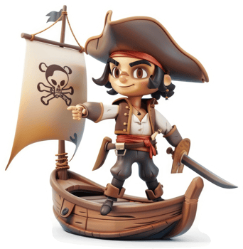 A cartoon pirate captain stands on a small wooden boat. png