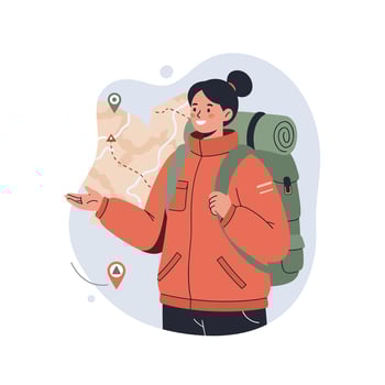 Female Hiker with Backpack Exploring Trail Map for Outdoor Adventure and Travel Planning Illustration vector
