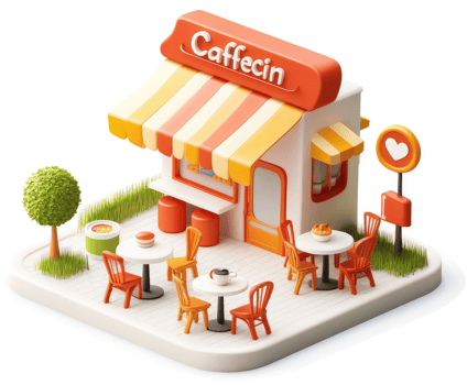 Colorful cafe building with outdoor seating depicted in 3D isometric style. png